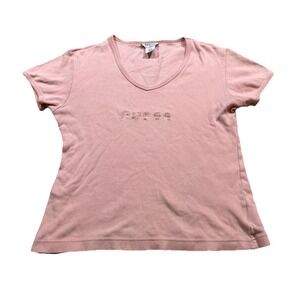 Guess Y2K Pink Baby Tee Spell out Chic Festival Party Streetwear Elena Gilbert L